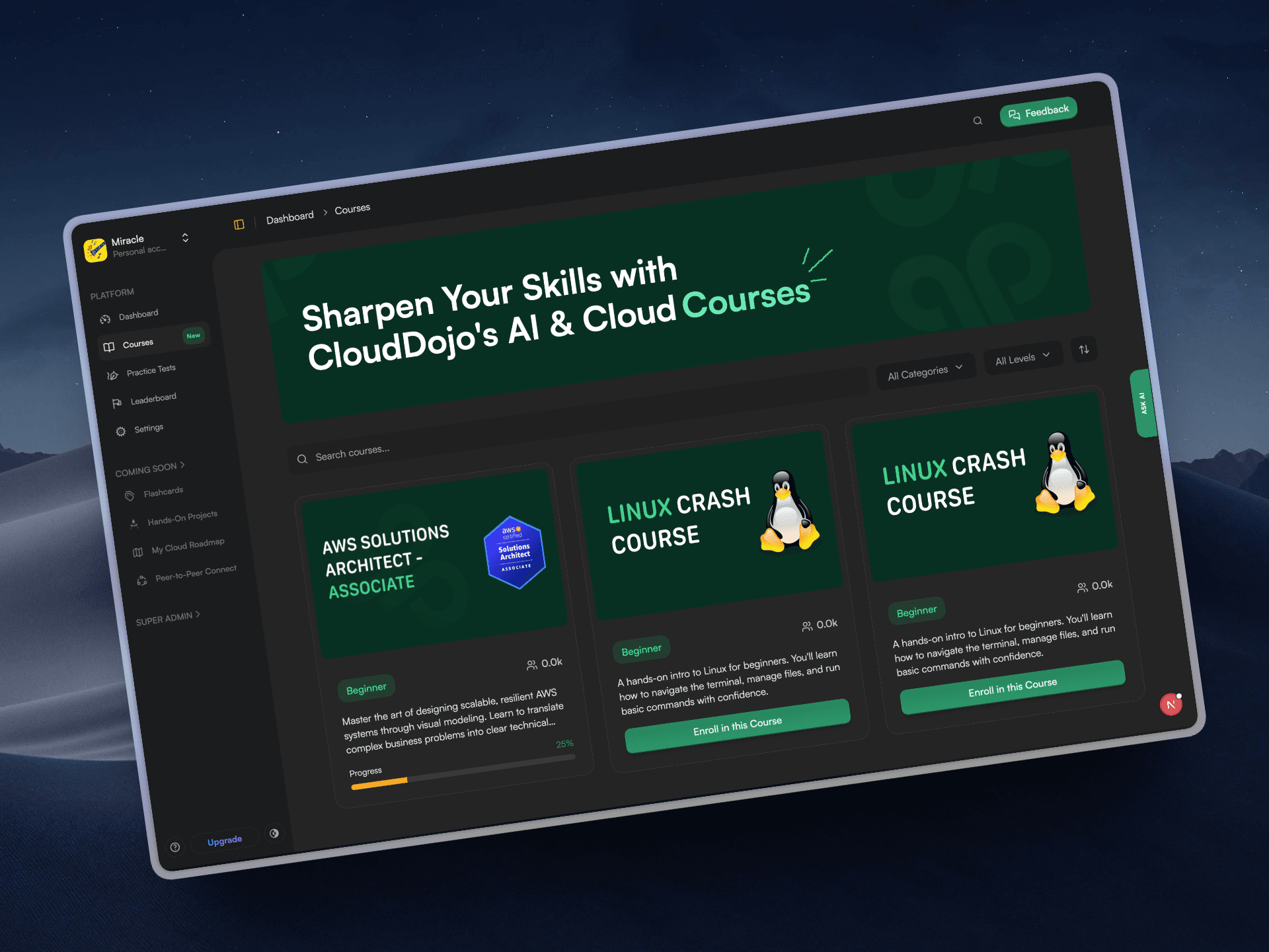 CloudDojo Practice Tests — browse and launch AWS certification exams